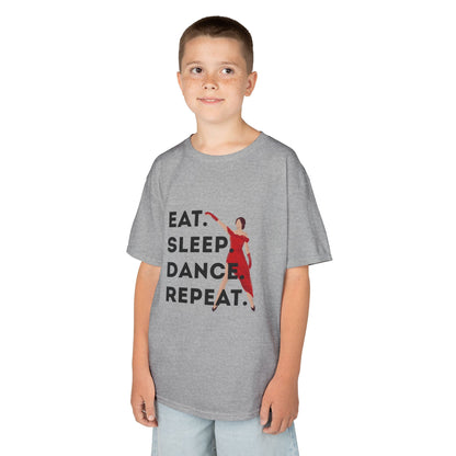 "Eat Sleep Dance Repeat” Youth Short Sleeve Tee – Bold Dancer Graphic Dance Shirt for Kids and Young Performers