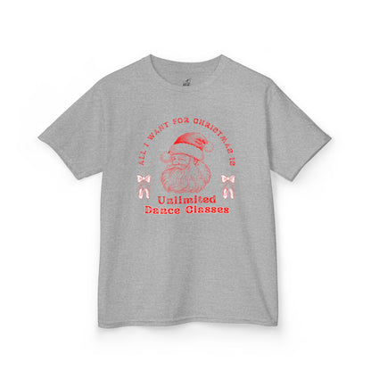 “All I Want for Christmas Is Unlimited Dance Classes” YOUTH TEE Short Sleeve with Vintage Santa – Festive Holiday Dance Tee for Dancers & Studios