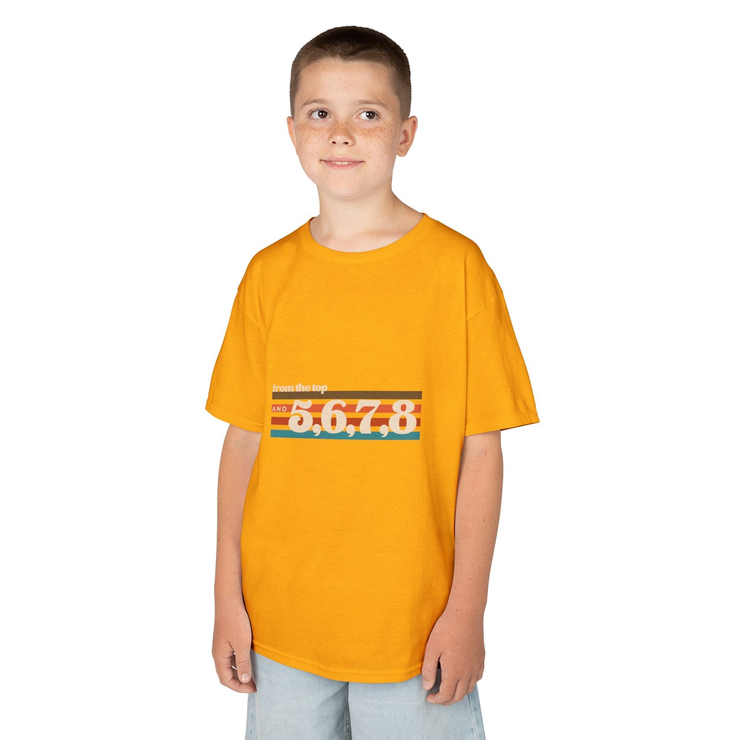 “From the Top and 5, 6, 7, 8” Youth Short Sleeve Tee – Retro Graphic Dance Shirt for Kids and Young Performers