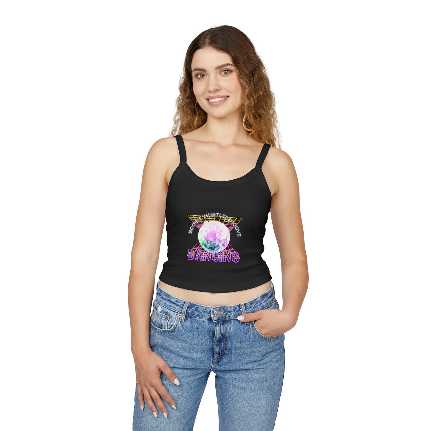 "Boogie, Hustle, Groove – Dancing" Women’s Spaghetti Strap Tank Top – Bold Retro Graphic | Fun 70s-Inspired Dancewear for Studio & Everyday Style