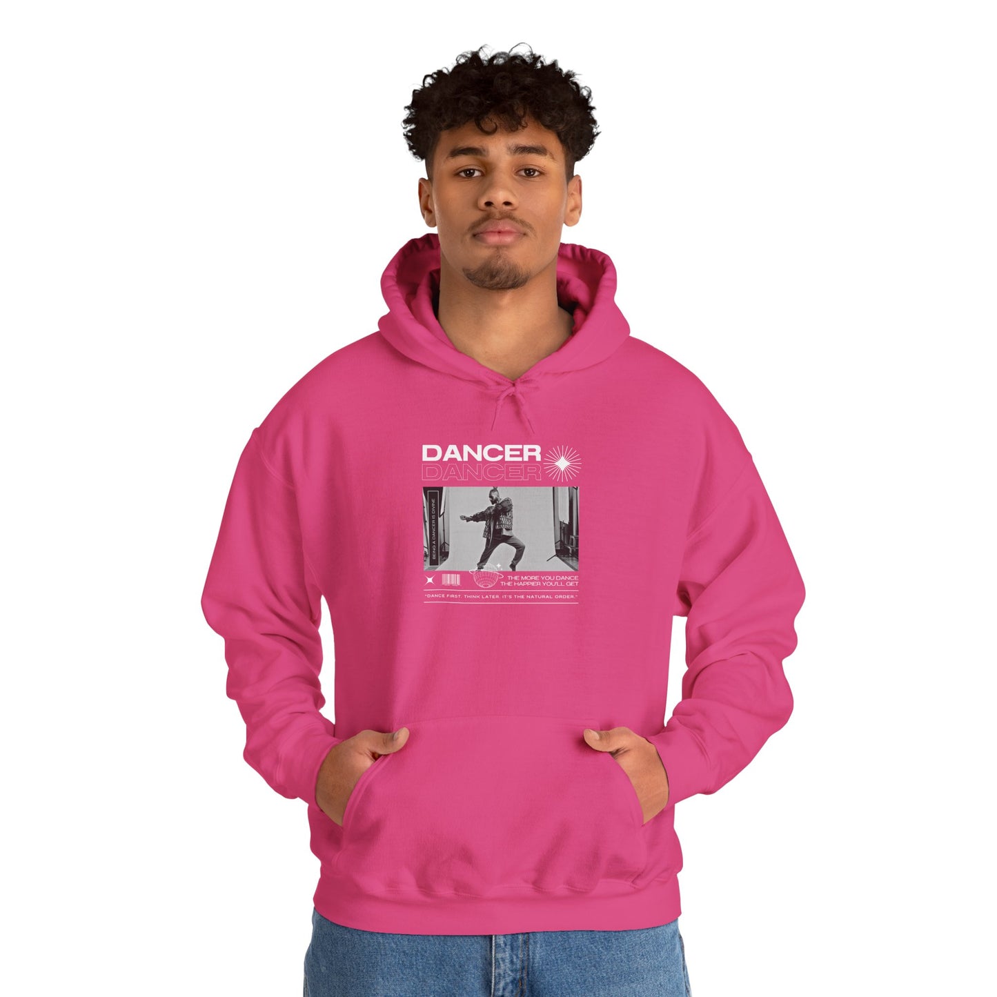 “Dancer” Text with Jazz-Inspired Streetwear-Style Pose Graphic – Unisex Heavy Blend™ Hooded Sweatshirt – Cozy Dance Hoodie for Jazz Dancers & Performing Arts Lovers  "