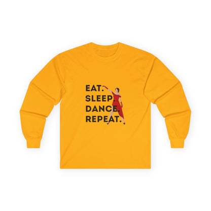 "Eat, Sleep, Dance, Repeat" Unisex Long Sleeve Tee – Bold Dancer Graphic Shirt for Performers, Dance Teams & Studio Life