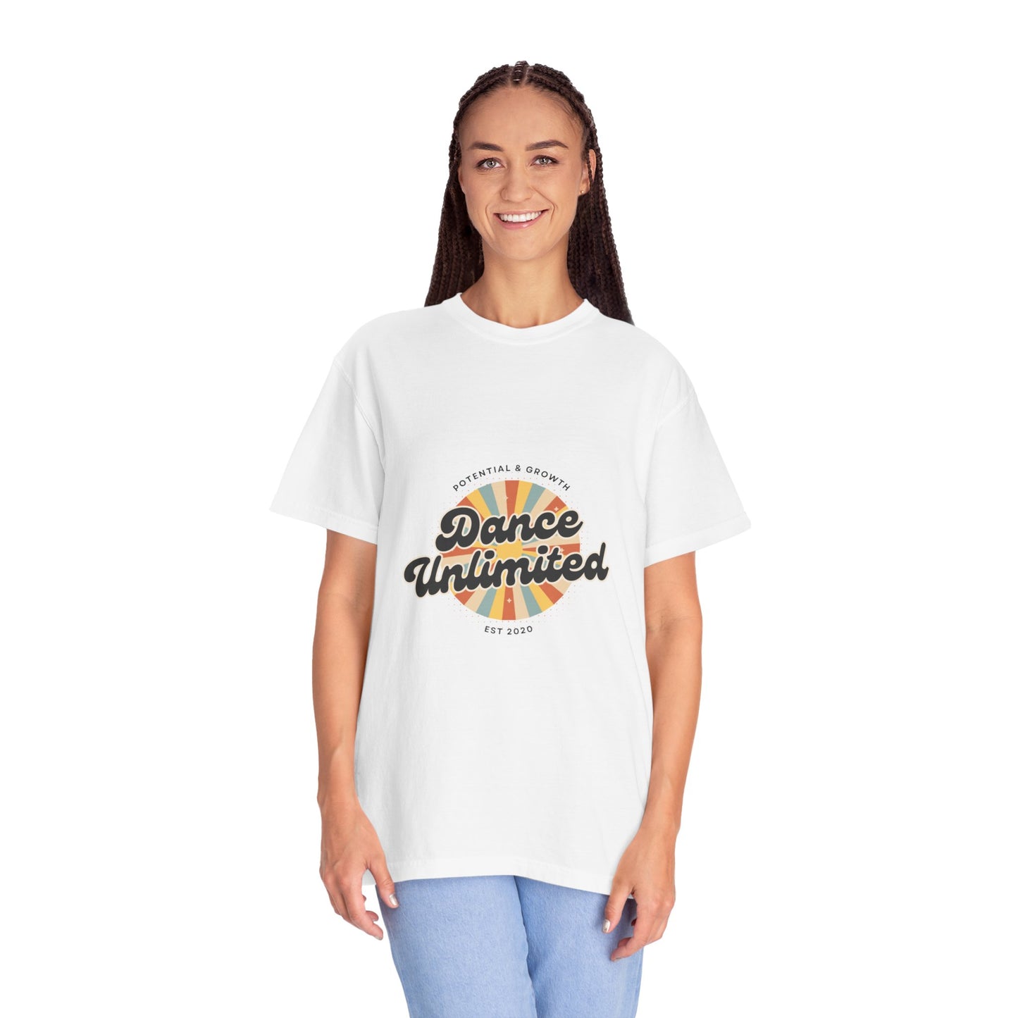 "Dance Unlimited, Potential & Growth" Unisex Garment-Dyed T-Shirt – Retro-Inspired Dance Motivation Graphic Tee – Inspirational Shirt for Dancers"