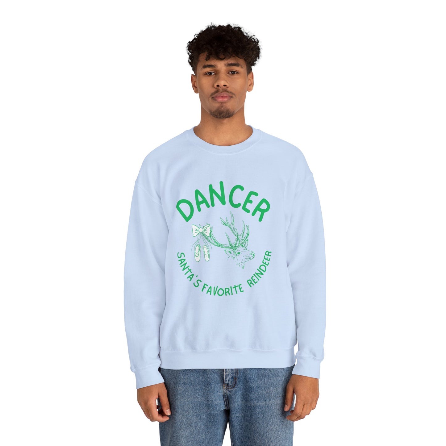 “Dancer, Santa’s Favorite Reindeer” ADULT SWEATSHIRT Unisex Heavy Blend Crewneck with Vintage Reindeer Graphic – Festive Christmas Dance Sweatshirt for Dancers & Holiday Events