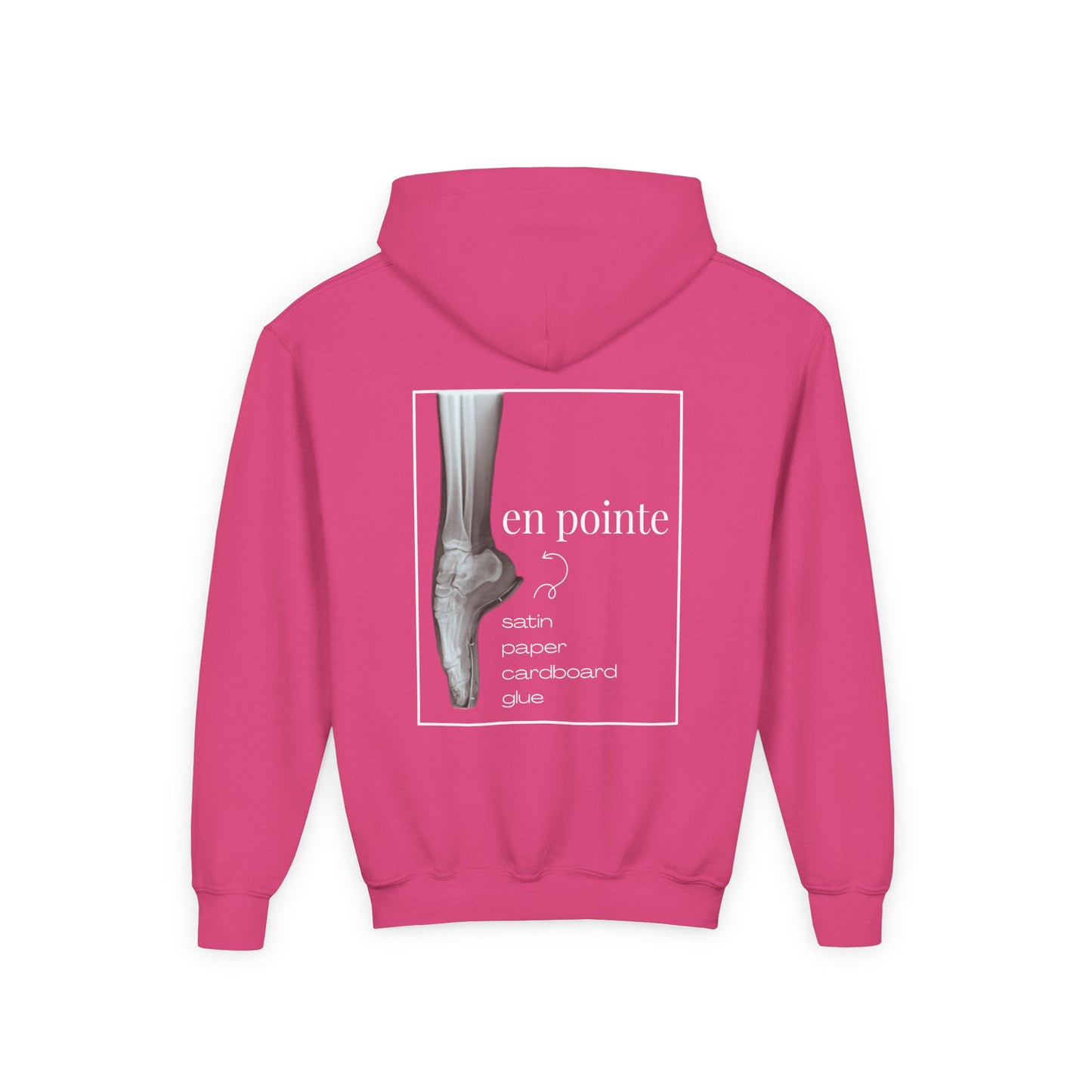 “I Dance En Pointe” Youth Pullover Hoodie with X-Ray Ballet Foot Graphic – Personalized Dance Hoodie for Kids, Custom Name or Studio Option