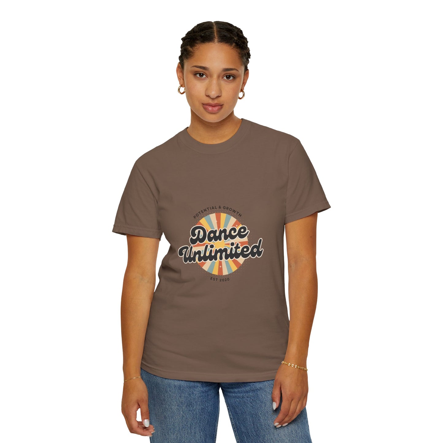 "Dance Unlimited, Potential & Growth" Unisex Garment-Dyed T-Shirt – Retro-Inspired Dance Motivation Graphic Tee – Inspirational Shirt for Dancers"