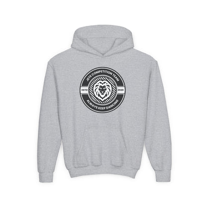 "Jeté Competition Team - Always Keep Dancing" Youth Hooded Sweatshirt – Bold Collegiate Emblem Dance Graphic Hoodie for Kids and Teens