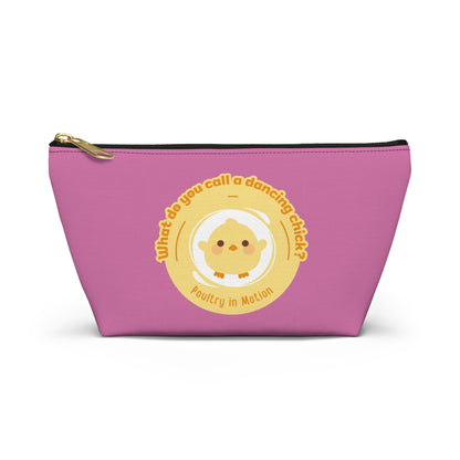 "What do you call a dancing chick? Poultry in Motion." Makeup Bag – Funny Dancing Chick Pun with Cute Chicken Graphic – Dance-Themed Zipper Pouch for Cosmetics, Accessories & Gifts