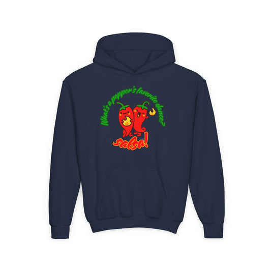 "What’s a Pepper’s Favorite Dance? Salsa!" Youth Hooded Sweatshirt – Funny Dance Pun Pepper Graphic Hoodie for Kids and Teens