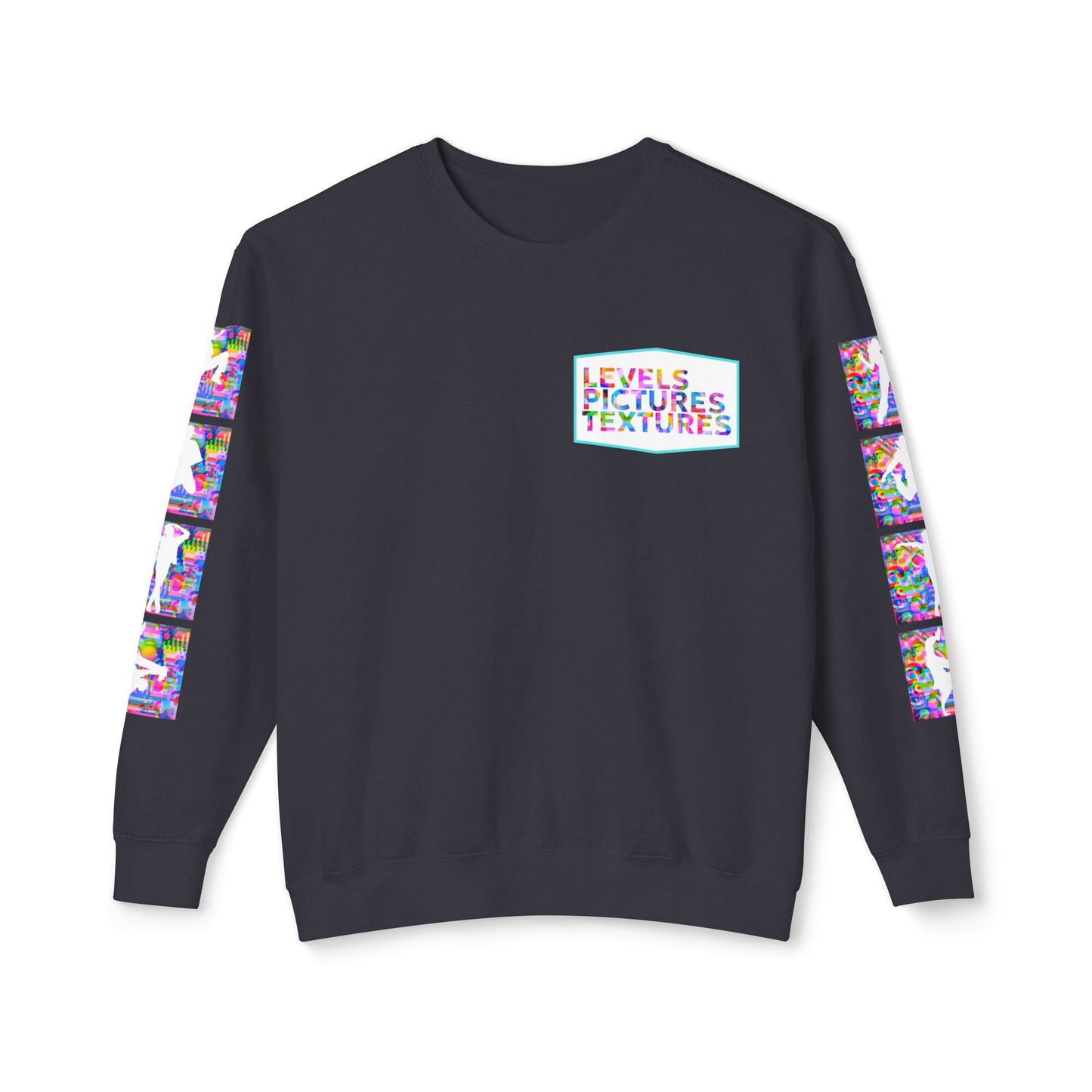 Levels Premium Collection Dance Crewneck Sweatshirt – Vibrant Unisex Streetwear Pullover with "Levels Pictures Textures" Front Text and Dancer Silhouettes on Sleeves
