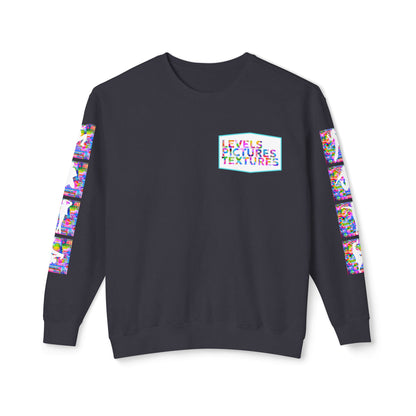 Levels Premium Collection Dance Crewneck Sweatshirt – Vibrant Unisex Streetwear Pullover with "Levels Pictures Textures" Front Text and Dancer Silhouettes on Sleeves
