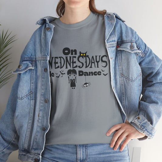 “On Wednesdays We Dance” Gothic Halloween T-Shirt with Cute Girl, Black Cat, Spiders & Bats - Unisex Heavy Cotton Tee