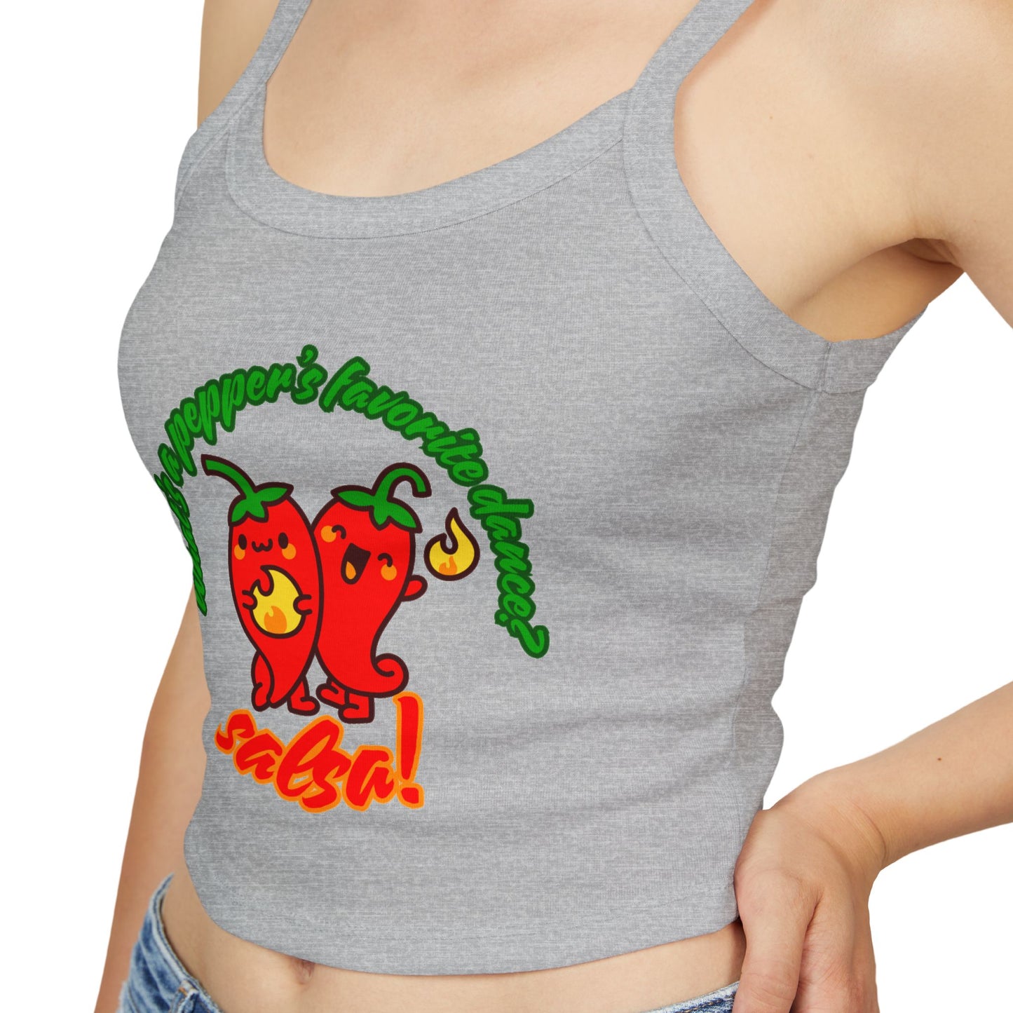 "What’s a Pepper’s Favorite Dance? Salsa!" Women’s Spaghetti Strap Tank Top – Cute Pepper Graphic | Funny Dance Pun Shirt for Dancers & Food Lovers