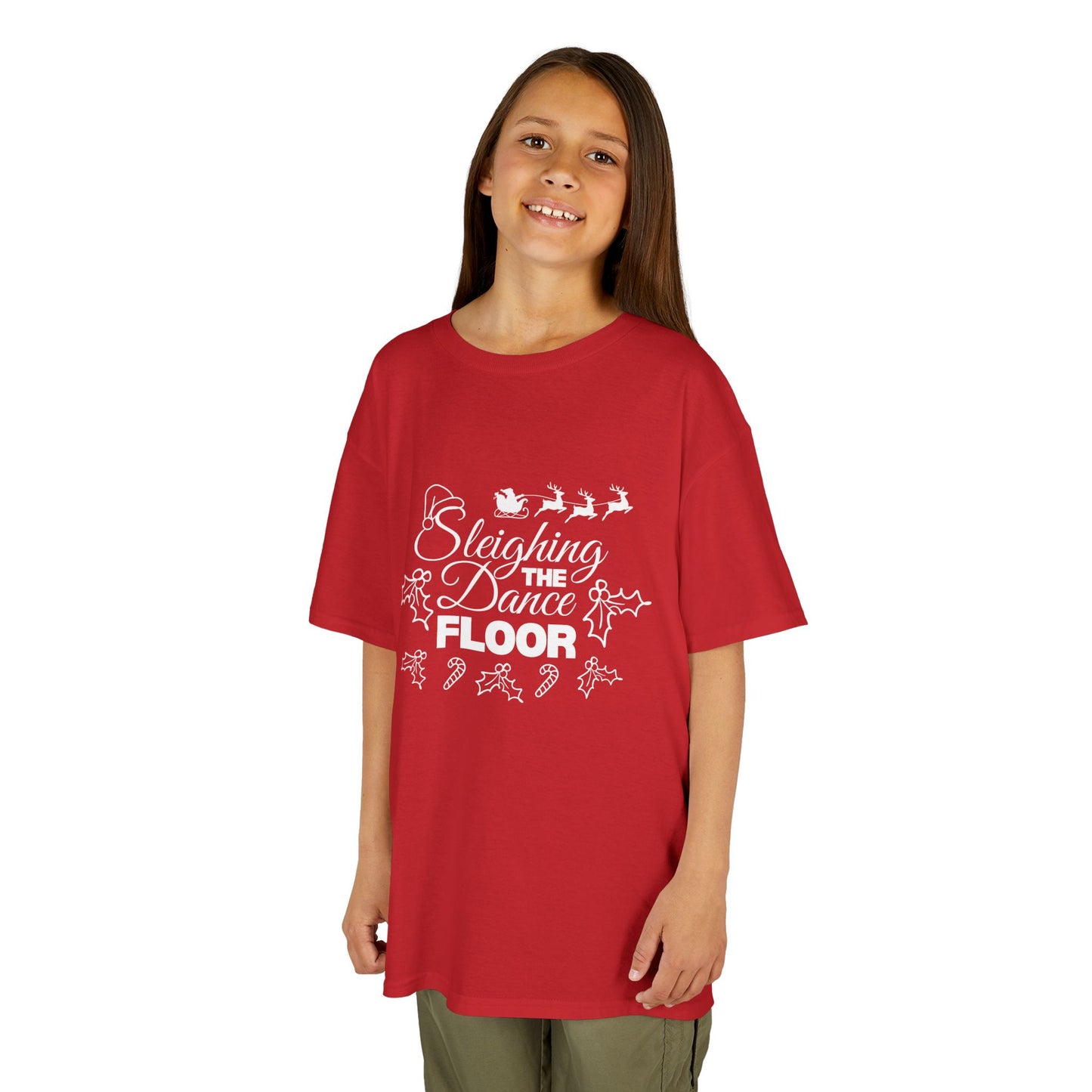 “Sleighing the Dance Floor” YOUTH TEE Short Sleeve with Santa’s Sleigh and Reindeer – Festive Christmas Dance Shirt for Kids and Young Dancers