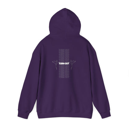 "Turn Out" Ballet Hoodie – Unisex Heavy Blend™ Hooded Sweatshirt with Front & Back Ballerina Graphics for Dancers