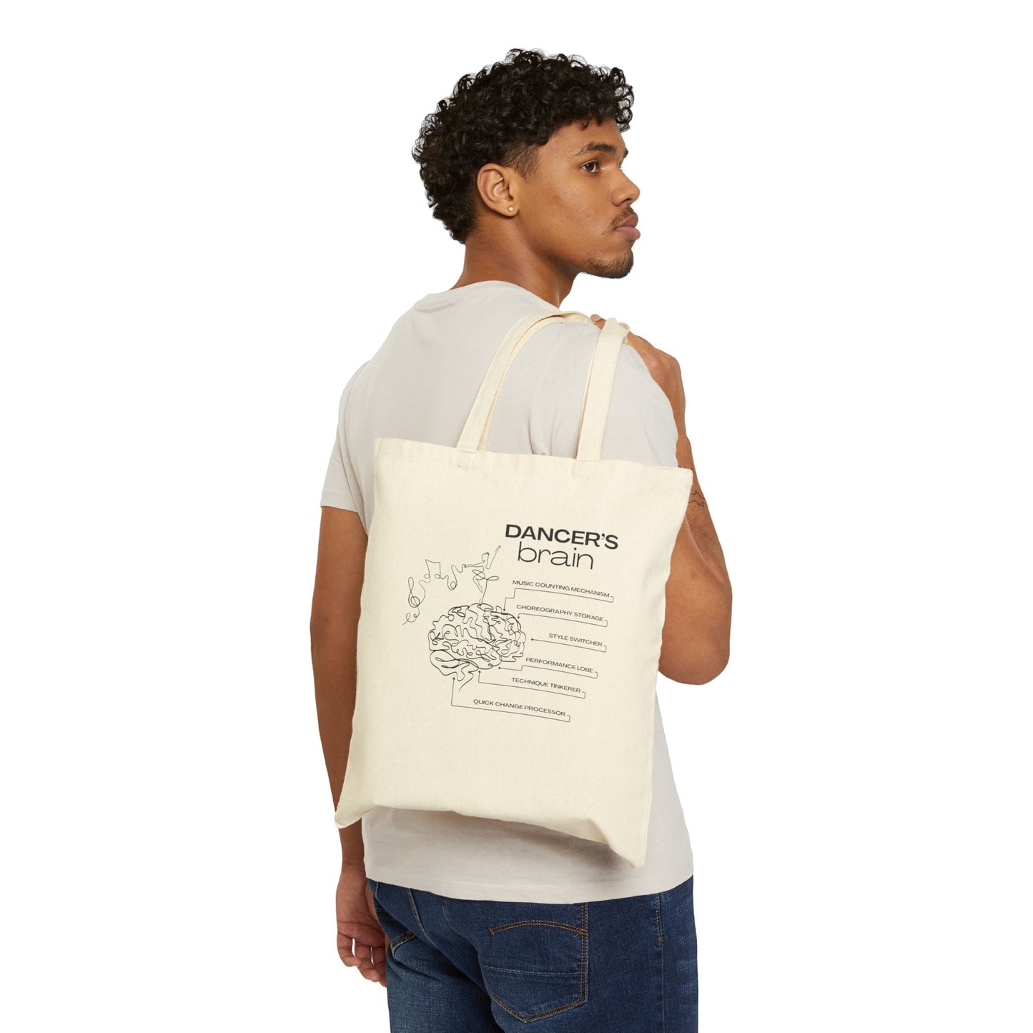 “Dancer’s Brain” Cotton Canvas Tote Bag with Funny Dance Mind Graphic – Cute Ballet & Dance Tote with Custom Name or Studio Personalization Option