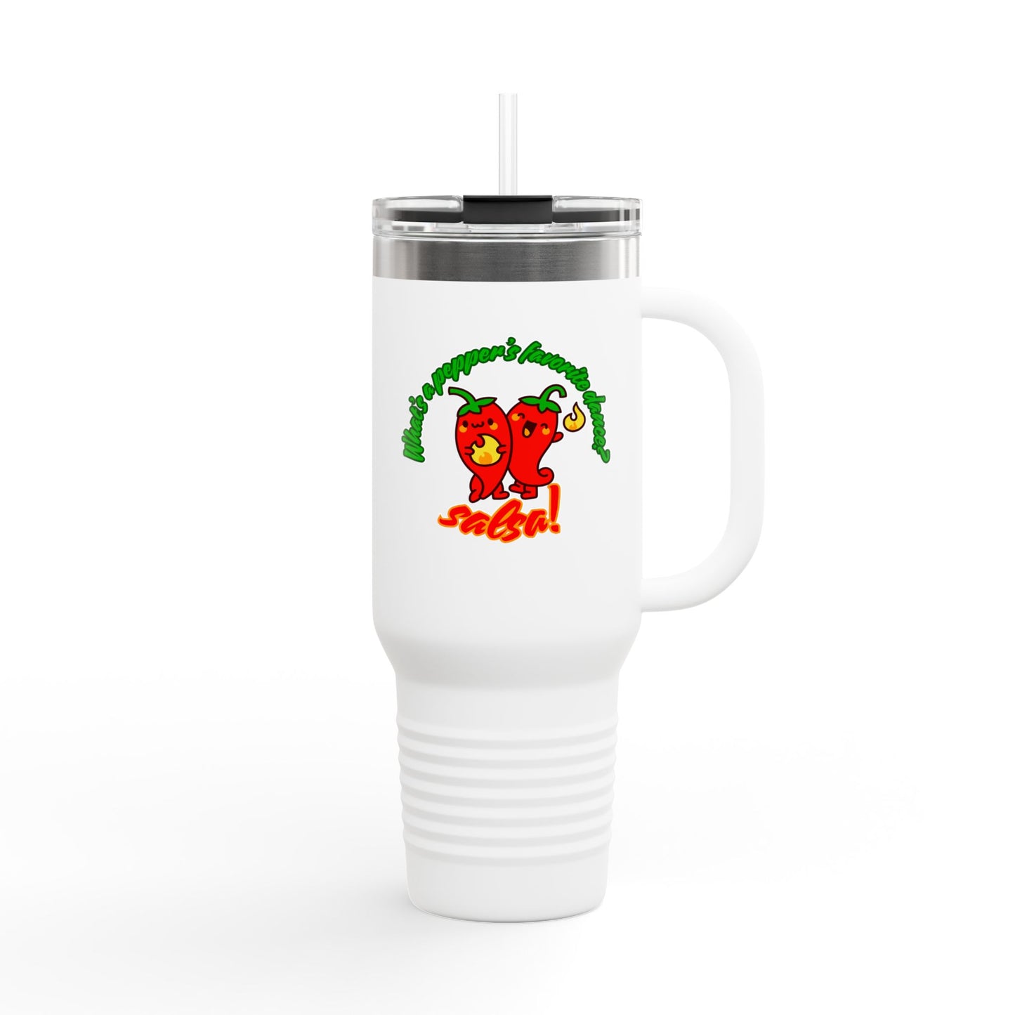 "What's a Pepper's Favorite Dance? Salsa." Funny Dance Quote 40oz Insulated Travel Mug – Bold Pepper Graphic Stainless Steel Tumbler