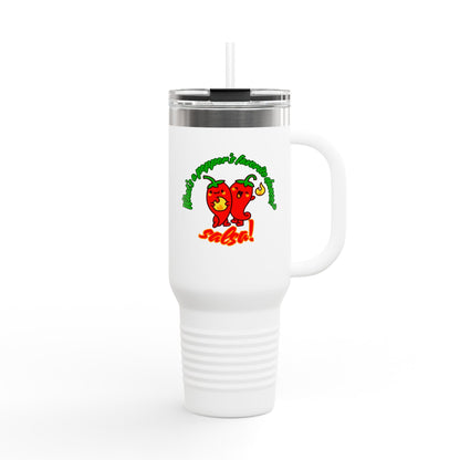 "What's a Pepper's Favorite Dance? Salsa." Funny Dance Quote 40oz Insulated Travel Mug – Bold Pepper Graphic Stainless Steel Tumbler
