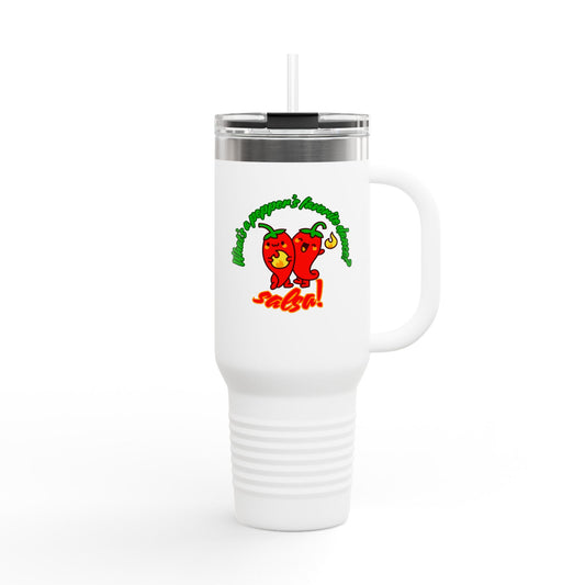 "What's a Pepper's Favorite Dance? Salsa." Funny Dance Quote 40oz Insulated Travel Mug – Bold Pepper Graphic Stainless Steel Tumbler
