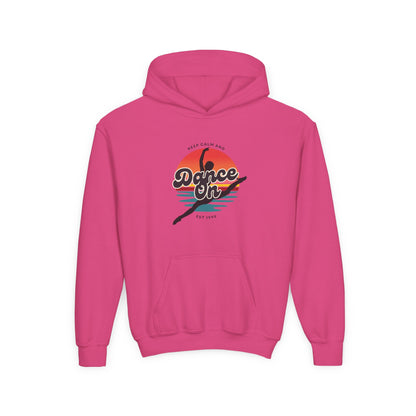 "Keep Calm and Dance On" Youth Hooded Sweatshirt – Retro Dance Quote Graphic Fleece Hoodie for Kids and Teens