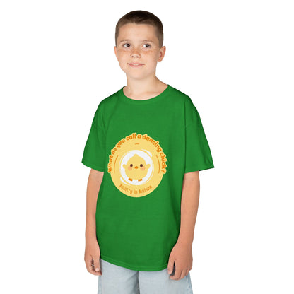 “What do you call a dancing chick? Poultry in Motion” Funny Chick Dance Tee for Kids – Cute Chicken Graphic - Youth Dance Pun T-Shirt