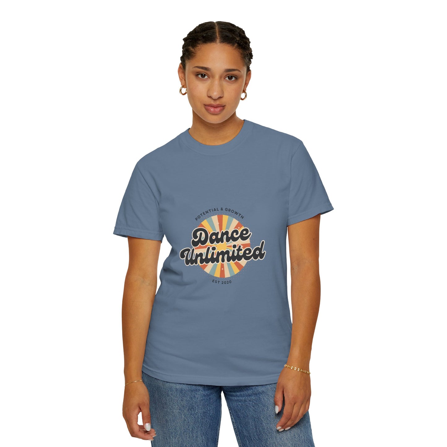"Dance Unlimited, Potential & Growth" Unisex Garment-Dyed T-Shirt – Retro-Inspired Dance Motivation Graphic Tee – Inspirational Shirt for Dancers"