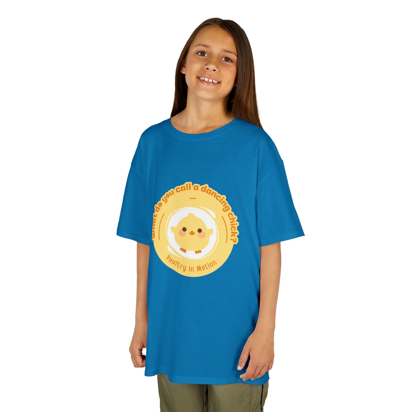 “What do you call a dancing chick? Poultry in Motion” Funny Chick Dance Tee for Kids – Cute Chicken Graphic - Youth Dance Pun T-Shirt