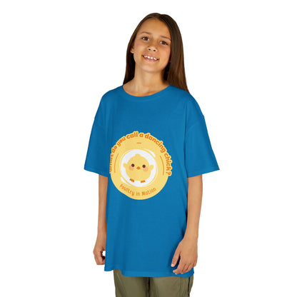 “What do you call a dancing chick? Poultry in Motion” Funny Chick Dance Tee for Kids – Cute Chicken Graphic - Youth Dance Pun T-Shirt