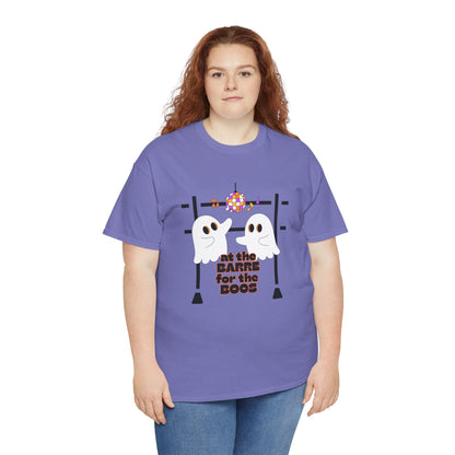 “At the Barre for the Boos” Dance Halloween T-Shirt with Cute Ghost Ballet Graphics - Unisex Heavy Cotton Tee