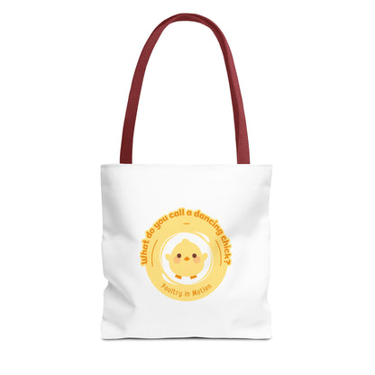 "What do you call a dancing chick? Poultry in Motion" Funny Dance Tote Bag – Kawaii Chicken Canvas Tote for Dancers & Dance Lovers