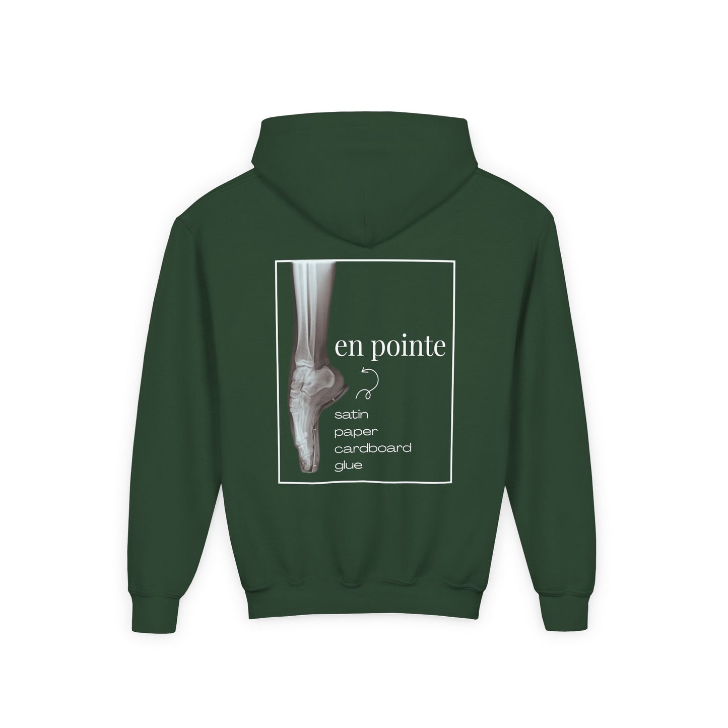 “I Dance En Pointe” Youth Pullover Hoodie with X-Ray Ballet Foot Graphic – Personalized Dance Hoodie for Kids, Custom Name or Studio Option