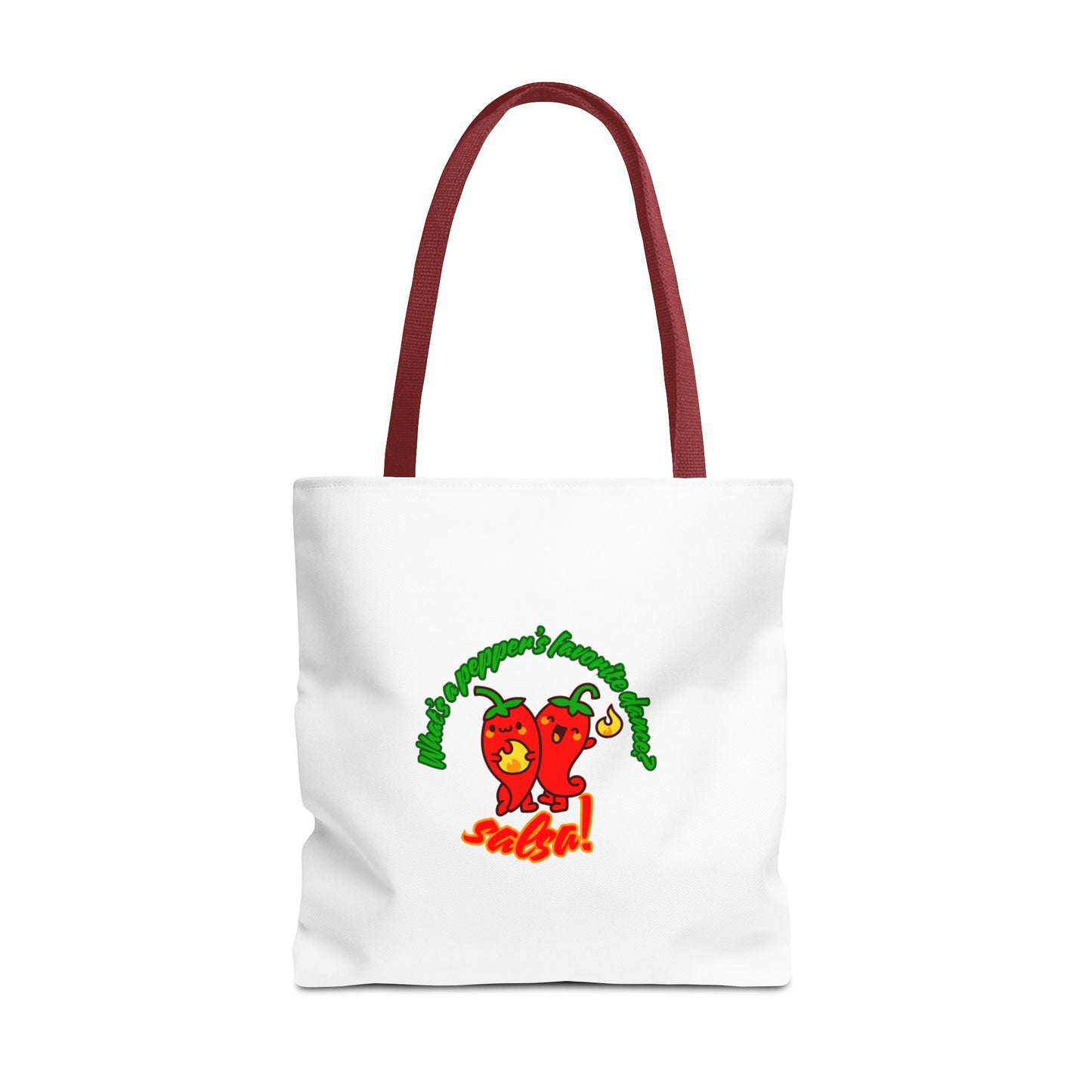 “What’s a Pepper’s Favorite Dance? Salsa!” Salsa Dance Pun Tote Bag – Funny Kawaii Pepper Graphic Canvas Bag for Dancers & Food Lovers
