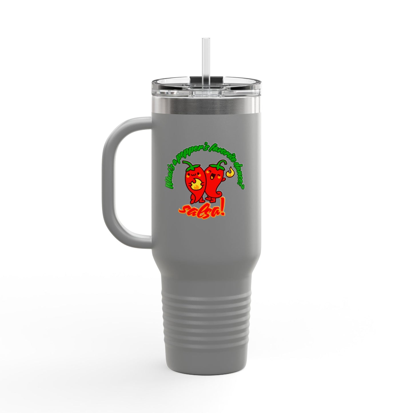 "What's a Pepper's Favorite Dance? Salsa." Funny Dance Quote 40oz Insulated Travel Mug – Bold Pepper Graphic Stainless Steel Tumbler