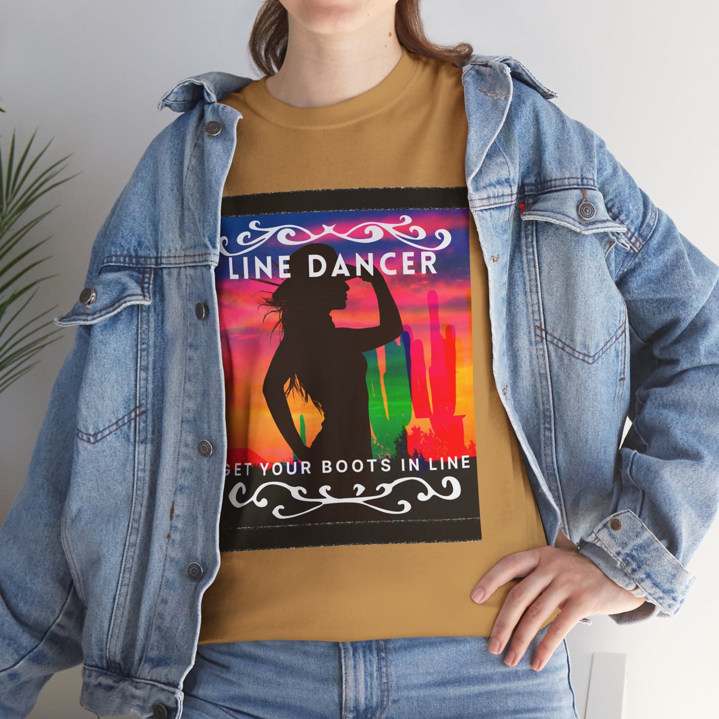 "Line Dancer" Unisex Heavy Cotton T-Shirt – Western Country Dance Graphic Tee – 'Get Your Boots in Line' Cowboy-Inspired Shirt