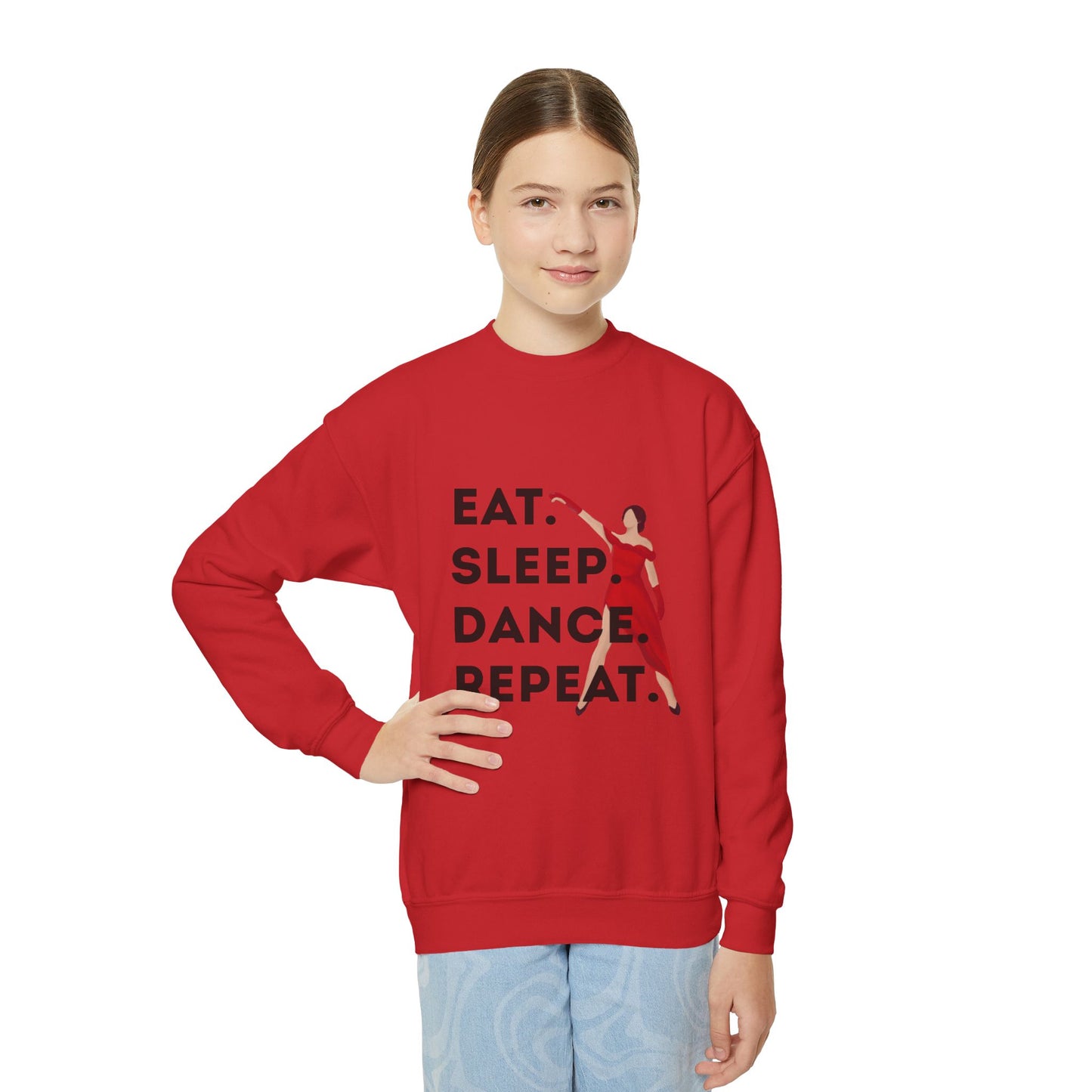 "Eat Sleep Dance Repeat" – Bold Dancer Graphic Youth Crewneck Sweatshirt | Kids Dance Life Pullover