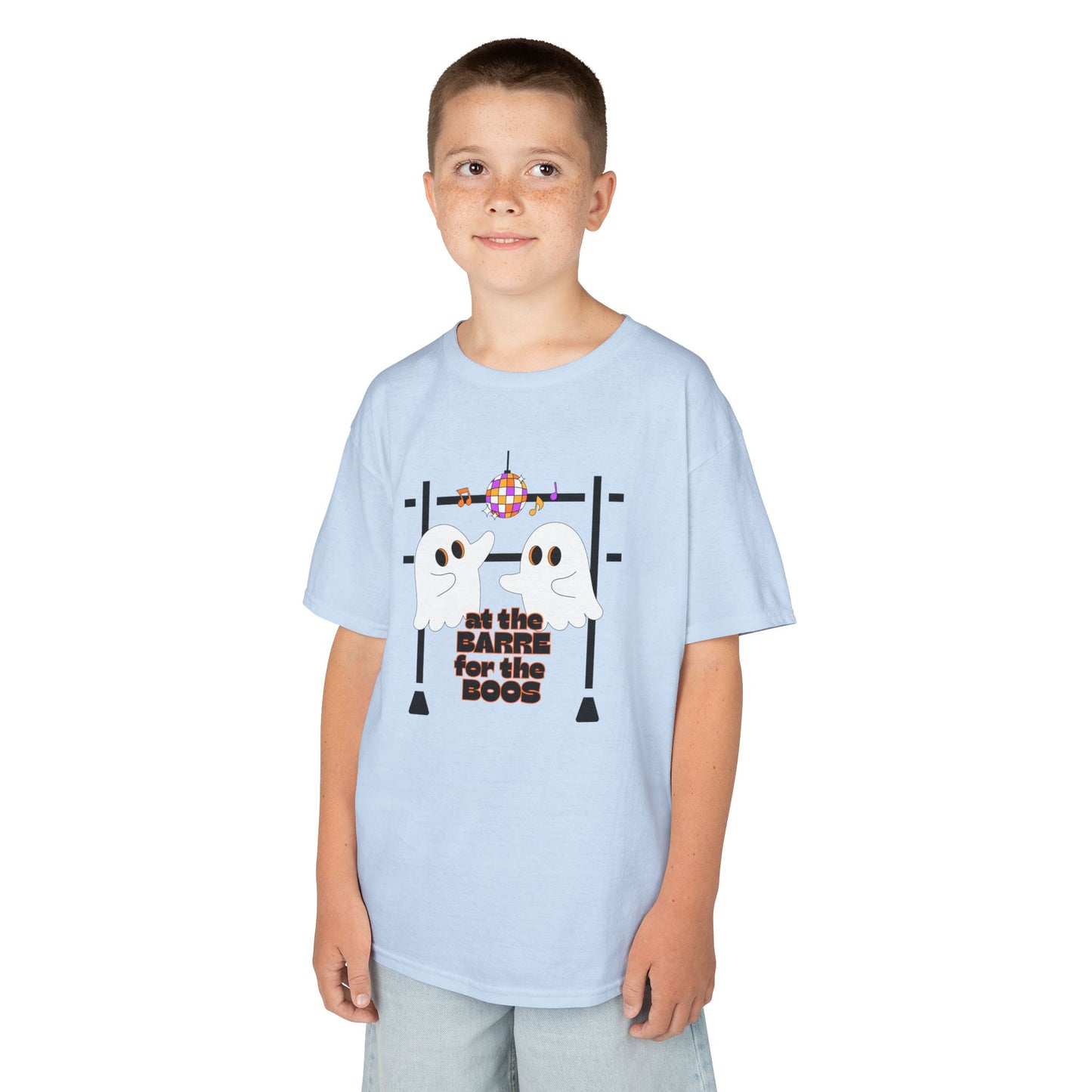 “At the Barre for the Boos” Halloween Dance T-Shirt with Cute Ghost Ballet Graphics - Kids Heavy Cotton™ Tee