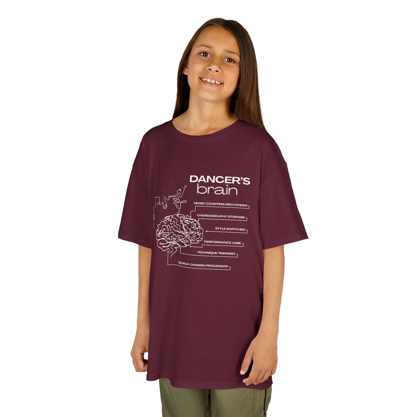“Dancer’s Brain” Youth Short Sleeve Tee with Funny Dance Brain Graphic – Personalized Dance T-Shirt for Kids & Teens, Custom Name or Studio Option