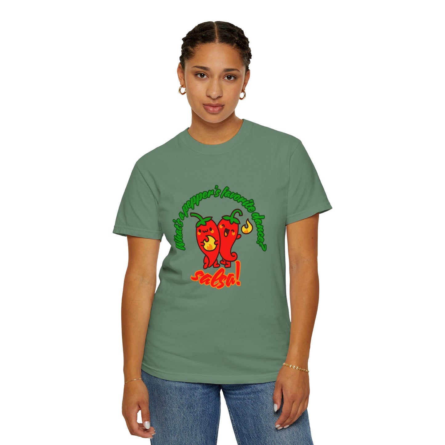 "What's a Pepper's Favorite Dance? Salsa!" Dance Pun Unisex Garment-Dyed T-Shirt – Funny Dance Joke Tee with Cute Pepper Graphic – Dance Humor Shirt for Food & Pun Lovers