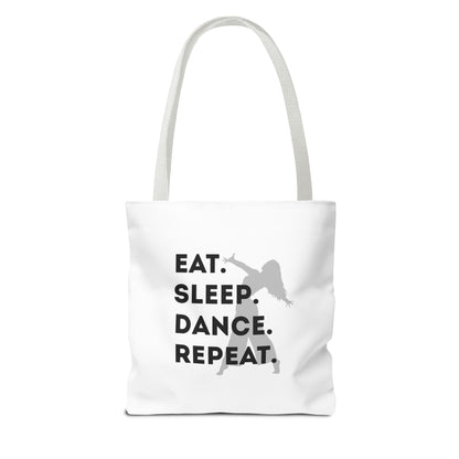 "Eat Sleep Dance Repeat" Canvas Tote Bag – Gray Dancer Silhouette Dance-Themed Reusable Shoulder Bag for Dancers, Studio, or Everyday Use