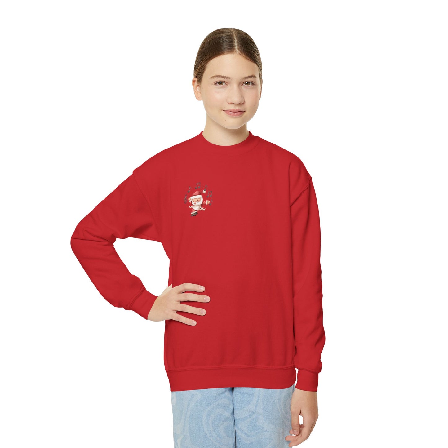 “5-eee and a 6-eee and a Ho, Ho, Ho” YOUTH SWEATSHIRT Crewneck with Playful Dancing Santa Front & Back – Festive Christmas Dance Sweatshirt for Dancers & Studios