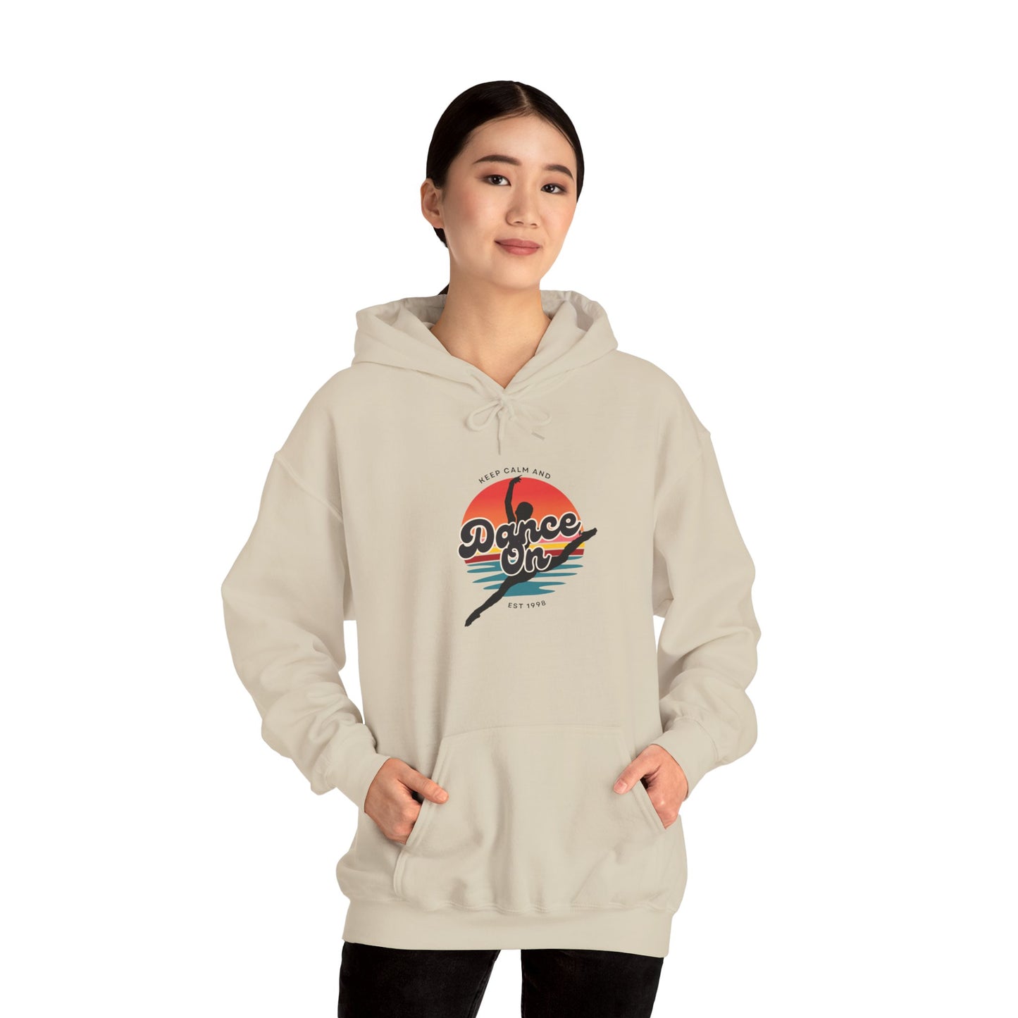 “Keep Calm and Dance On” Retro Hoodie – Unisex Dance-Inspired Hooded Sweatshirt for Dancers & Movement Lovers
