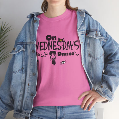 “On Wednesdays We Dance” Gothic Halloween T-Shirt with Cute Girl, Black Cat, Spiders & Bats - Unisex Heavy Cotton Tee