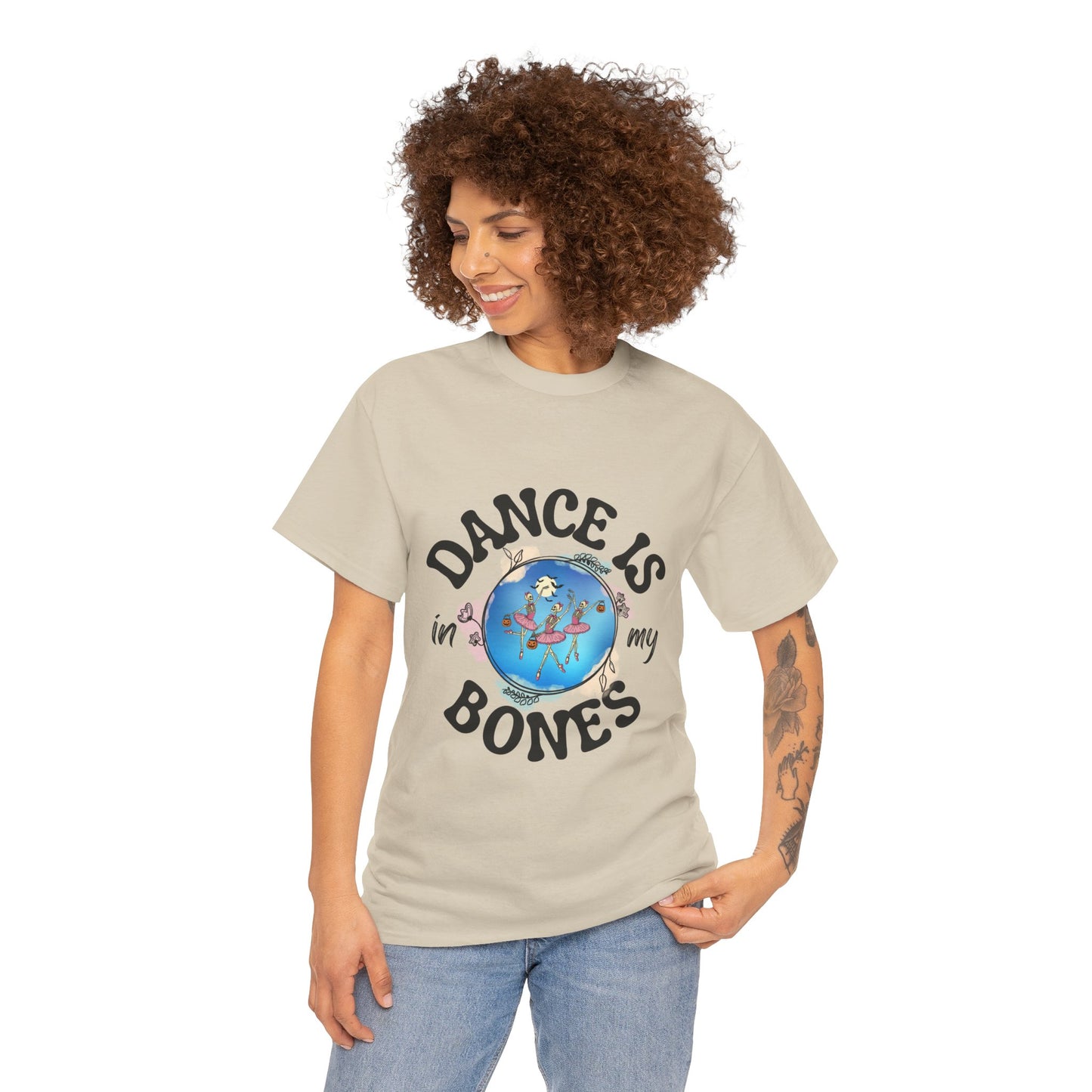 “Dance Is in My Bones” Halloween Dance T-Shirt with Dancing Skeletons Graphic - Unisex Heavy Cotton Tee
