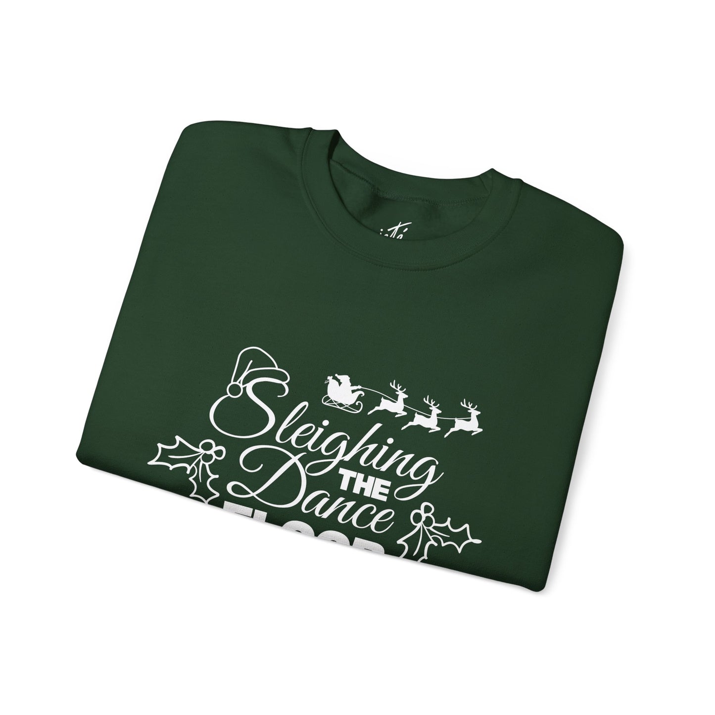 “Sleighing the Dance Floor” ADULT SWEATSHIRT Unisex Heavy Blend Crewneck – Festive Christmas Dance Sweatshirt with Santa’s Sleigh & Reindeer Arm Design, Perfect for Dancers & Studios