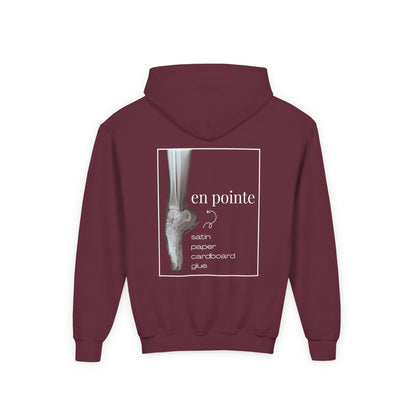 “I Dance En Pointe” Youth Pullover Hoodie with X-Ray Ballet Foot Graphic – Personalized Dance Hoodie for Kids, Custom Name or Studio Option