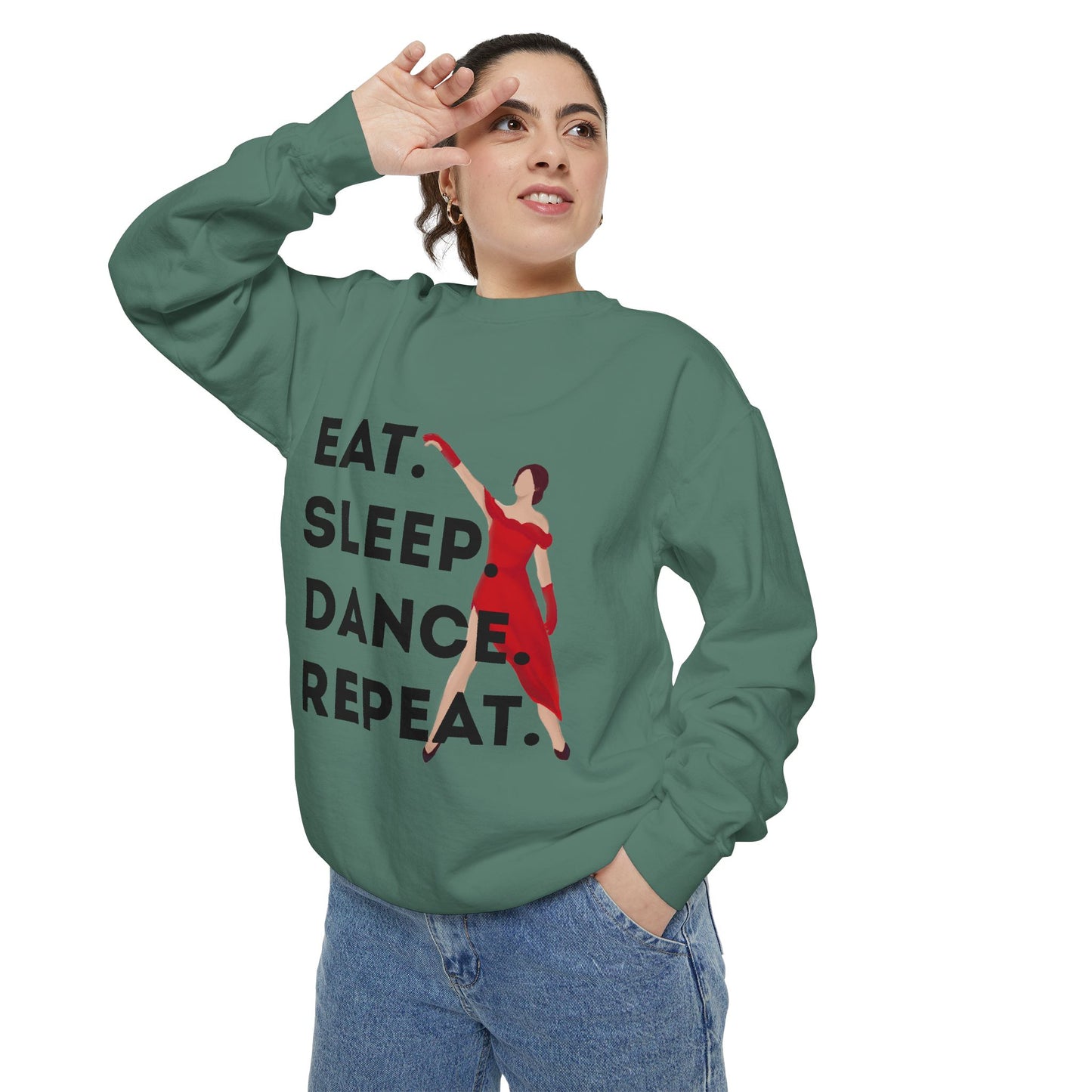 "Eat, Sleep, Dance, Repeat" Unisex Lightweight Crewneck Sweatshirt – Bold Dance Graphic Pullover for Dancers & Studio Life Enthusiasts