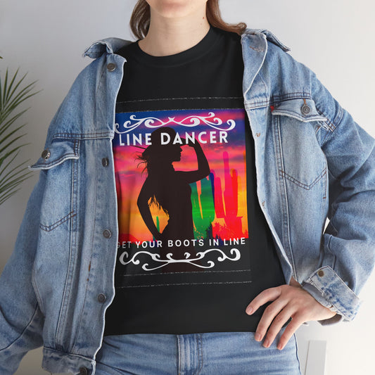 "Line Dancer" Unisex Heavy Cotton T-Shirt – Western Country Dance Graphic Tee – 'Get Your Boots in Line' Cowboy-Inspired Shirt