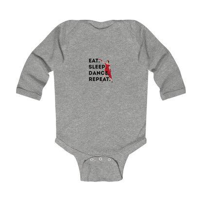 "Eat Sleep Dance Repeat" Infant Long Sleeve Bodysuit – Bold Dancer Graphic Baby Outfit for Dance-Loving Families
