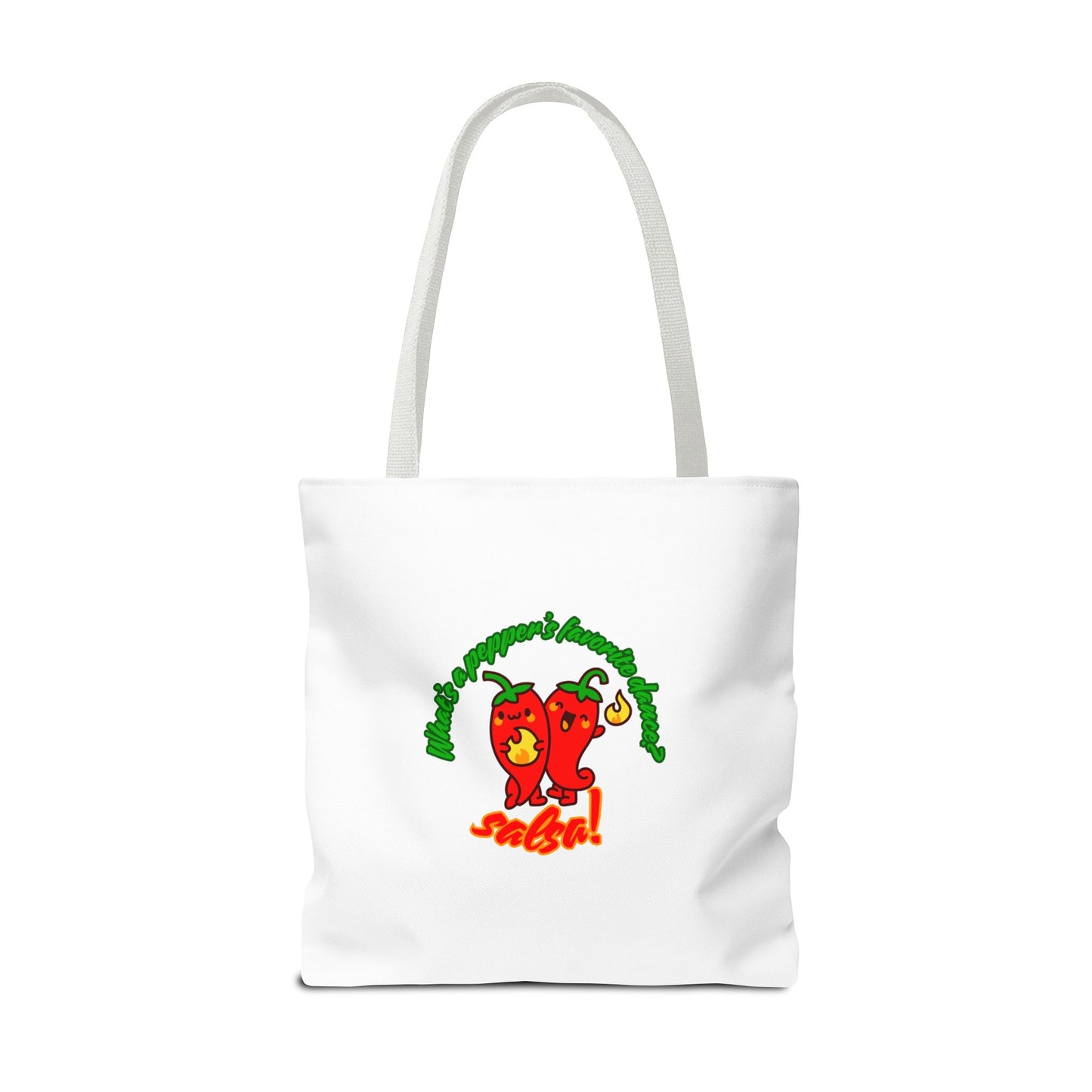 “What’s a Pepper’s Favorite Dance? Salsa!” Salsa Dance Pun Tote Bag – Funny Kawaii Pepper Graphic Canvas Bag for Dancers & Food Lovers