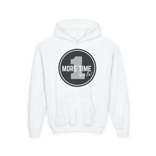 "One More Time Is a Lie" Youth Hooded Sweatshirt – Bold Dance Emblem Graphic Hoodie for Kids and Teens